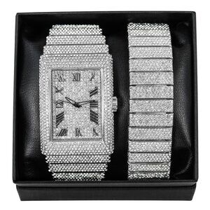 18k Gold/White Gold Roman Numeral Square ICED-OUT Custom Watch Set with Bracelet